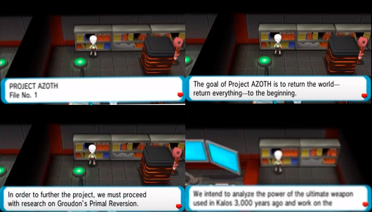 An Image of the character Brendan reading books about Project AZOTH in Omega Ruby and Alpha Sapphire.