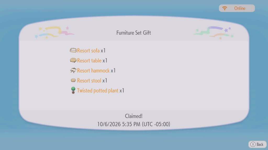 Pokémon Pokopia resort furniture Mystery Gift rewards